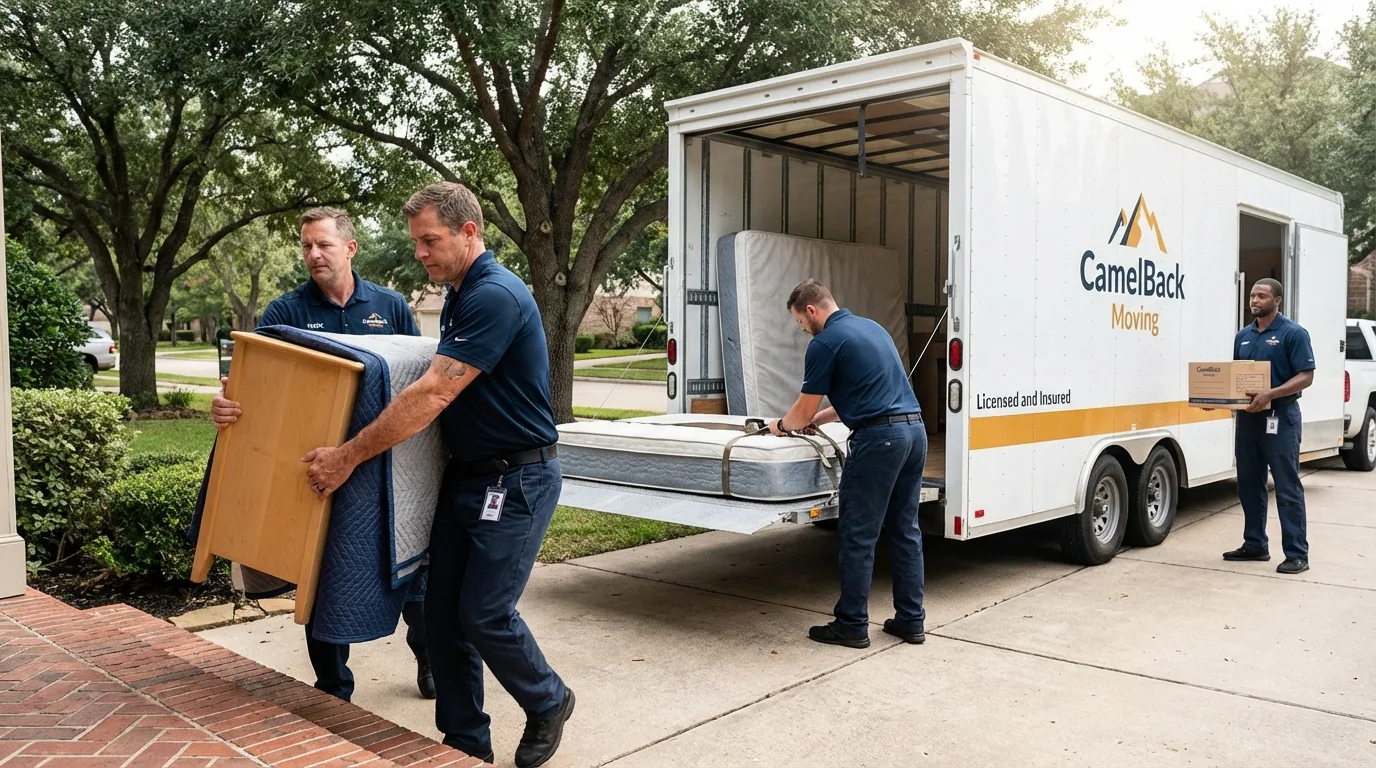 Crew loading residential truck for cross-state move from Moscow, ID