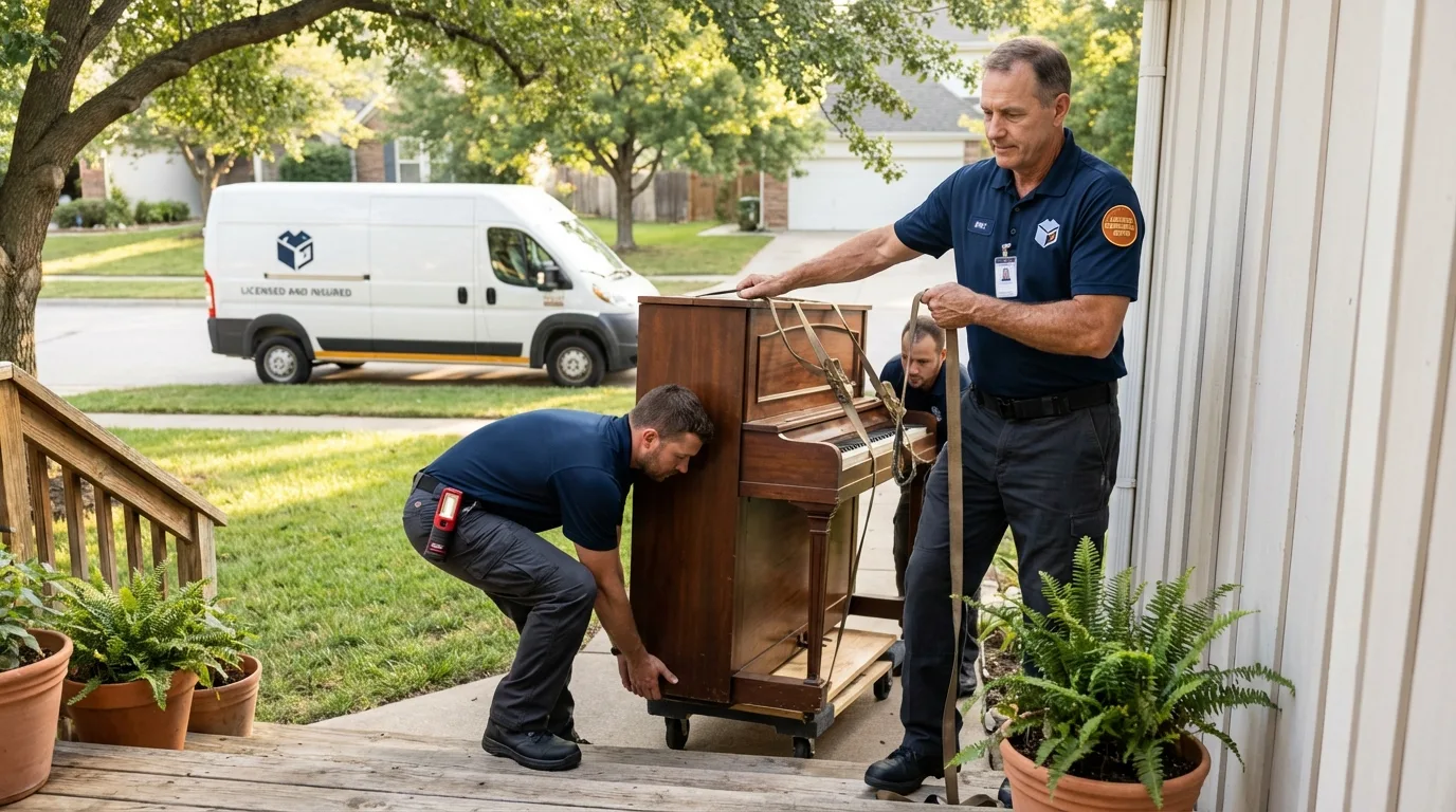 Licensed piano movers securing grand piano in Moscow, ID
