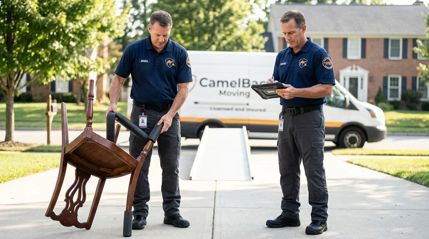 Movers inspecting furniture for damage prevention before loading in Moscow, ID