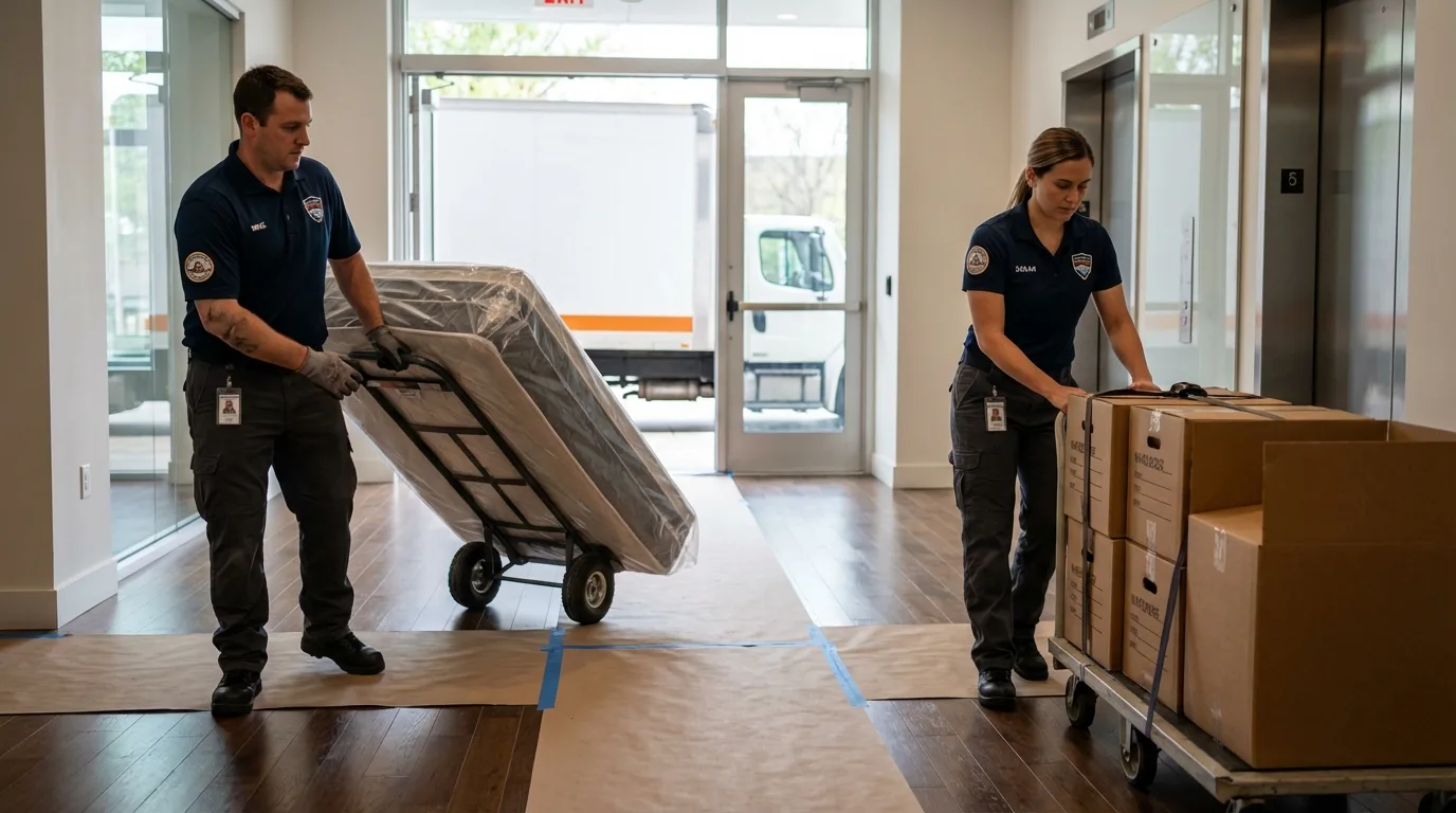Professional apartment movers loading elevator in Moscow, ID