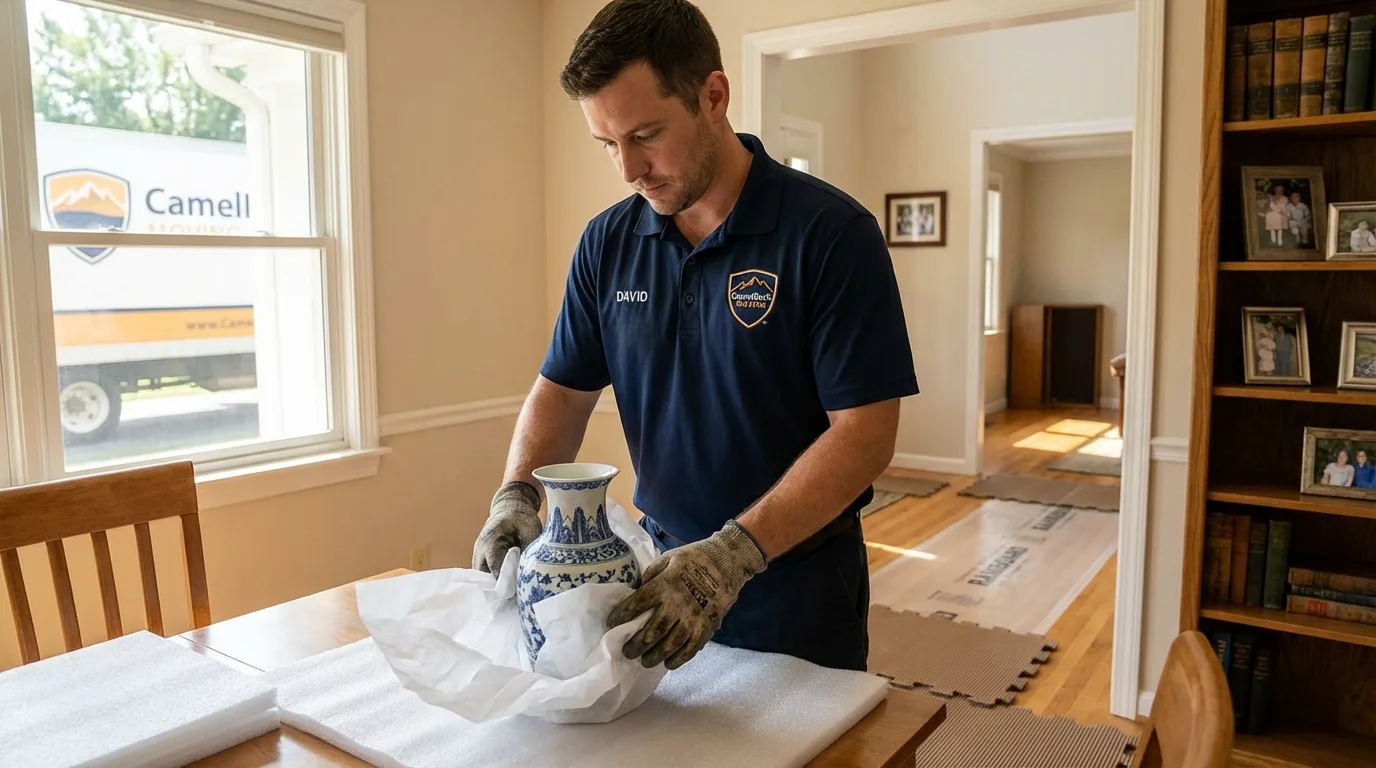 Professional crew carefully wrapping antique vase for senior downsizing move in Moscow, ID